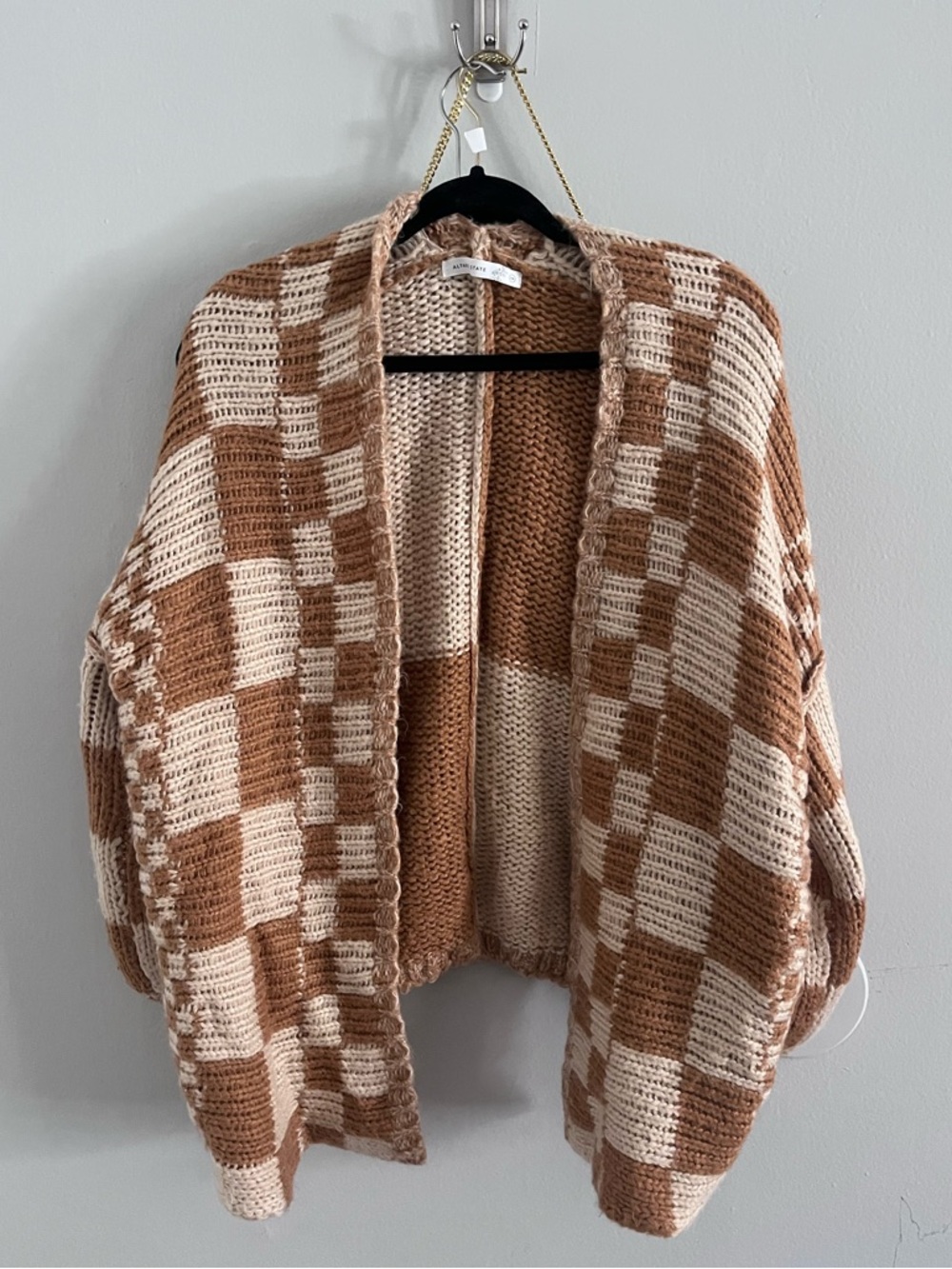 Altar’d state knit camel colored checkered open front cardigan l/xl